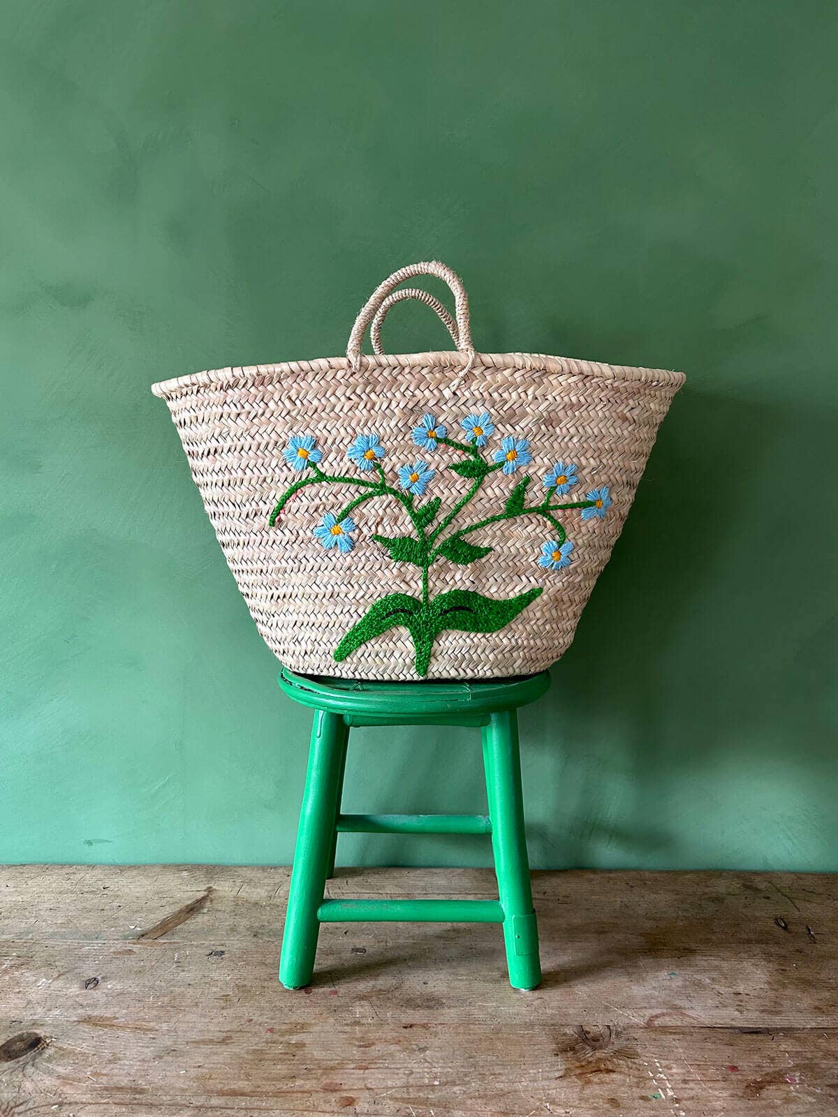 Hand Embroidered Market Basket, Forget-Me-Not | FIG HOME CO.